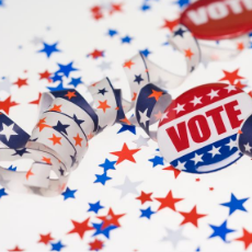 red white and blue star confetti and vote button