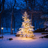 White Christmas Tree lit up in the snow