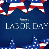 Dark blue background with stars cut made from American flag and Happy Labor Day on blue background in written in white