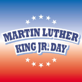 Red White and Blue background with the words Martin Luther King Jr. Day in blue outlined in white