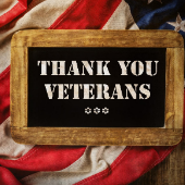 American flag background with chalkboard that reads thank you veterans