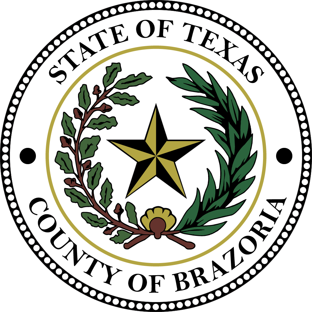 Brazoria County Seal Round with gold star with black accents in the center. Oak leave branch and fern branch on either side of the star connected at the bottom with a gold clam shell with brown accents. Outer circle has State of Texas at the top and County of Brazoria at the bottom