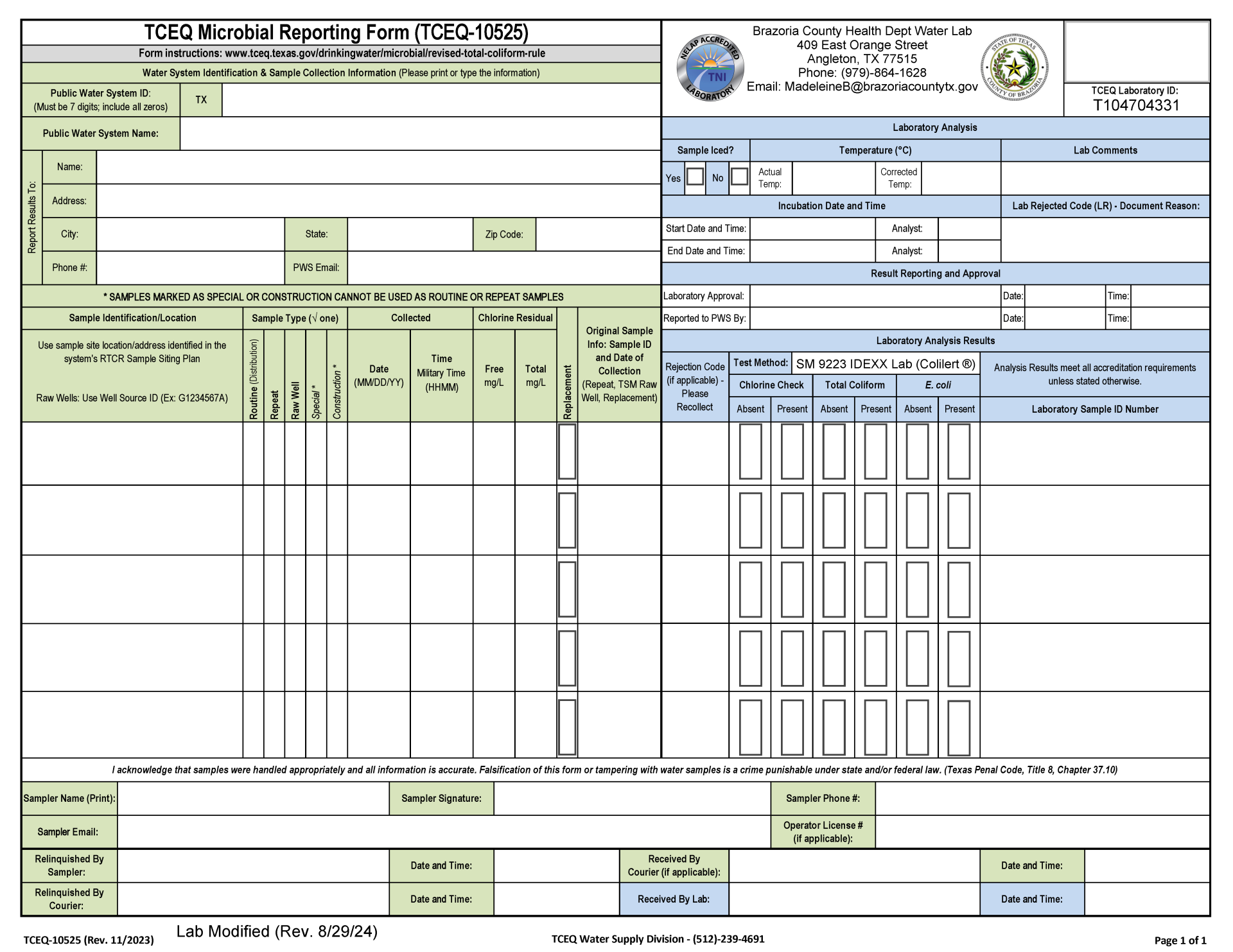 TCEQ Microbial Reporting Form (TCEQ-10525)